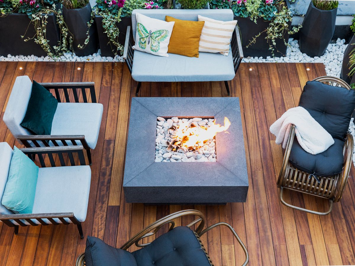 Finished backyard wood deck with a fire pit and seating